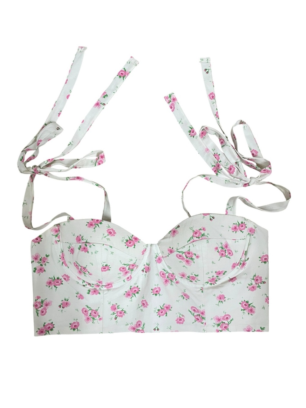 Zara White Pink Floral Corset Bustier Crop Top Shoulder Tie Straps S